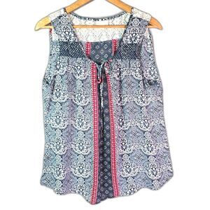 Westport 1962 Blouse Navy Paisley 1X Boho Lace Back Silver Tie Detail